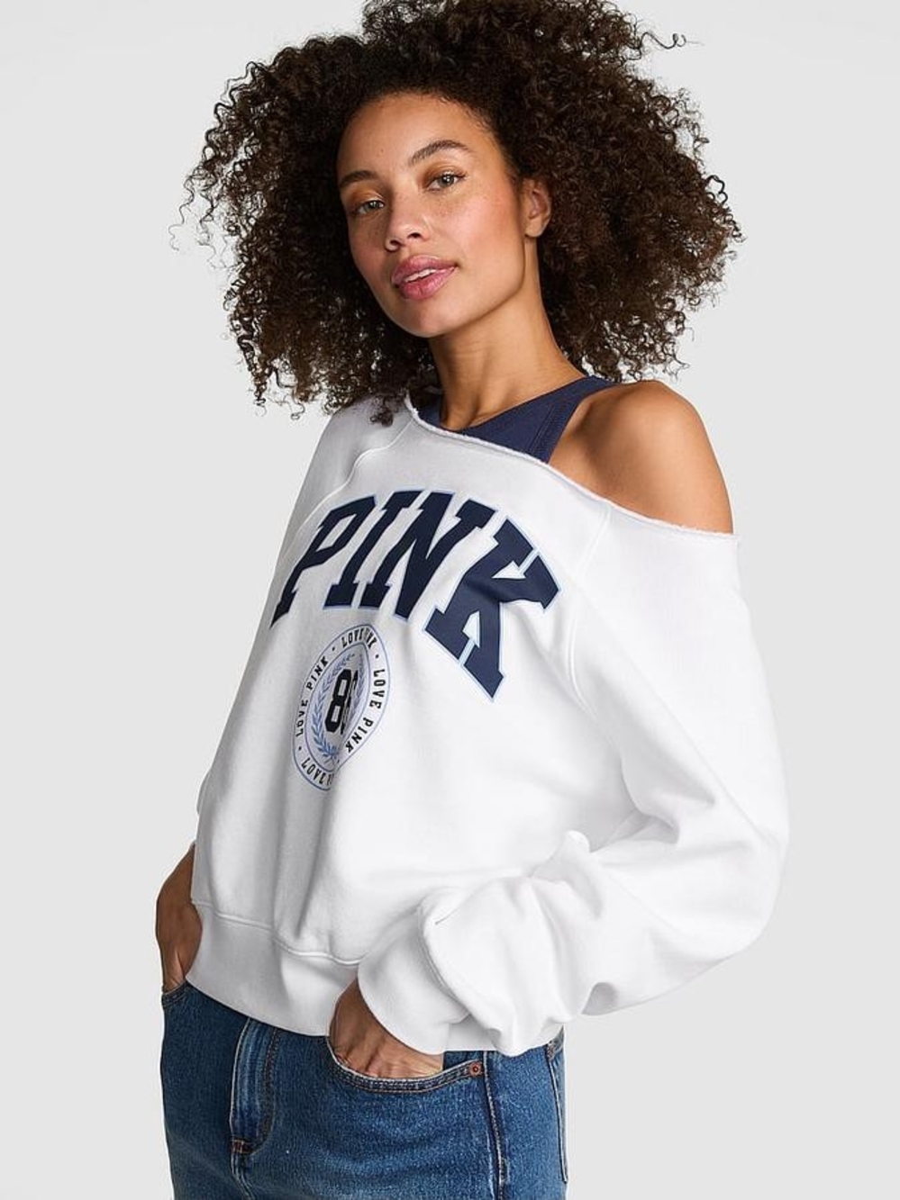 PINK Victoria's Secret White Off-Shoulder Sweatshirt with Navy Logo